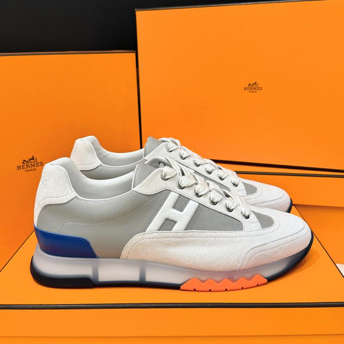 HERMES Men’s Trail Sneakers Blue Orange Calfskin Low-Top