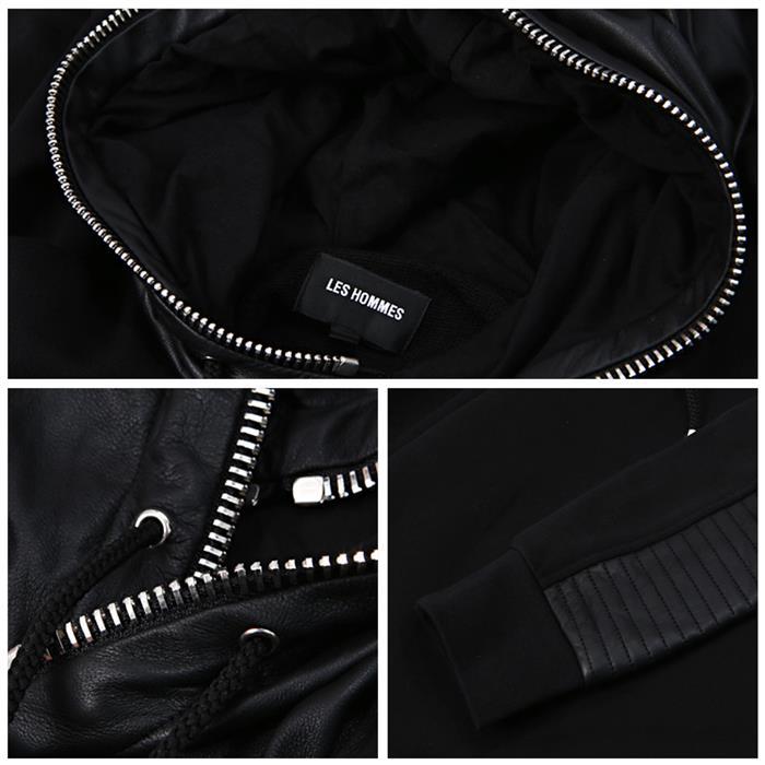 Les Hommes Leather Mix Hooded Sweater
