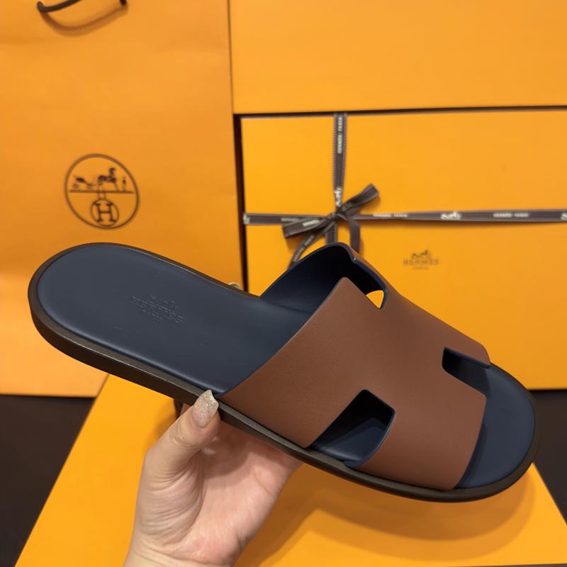 HERMES Izmir Sandals Calfskin Brown Marine Blue Two-Tone Men’s