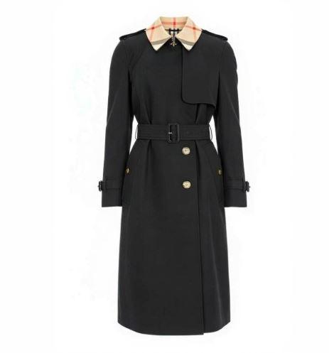 BURBERRY Check Collar Long Trench Coat Black Women