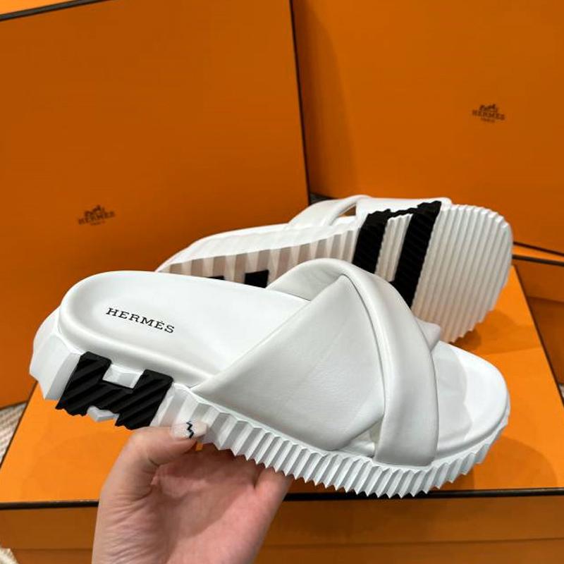 HERMES Infra Calfskin White H Black Sandals