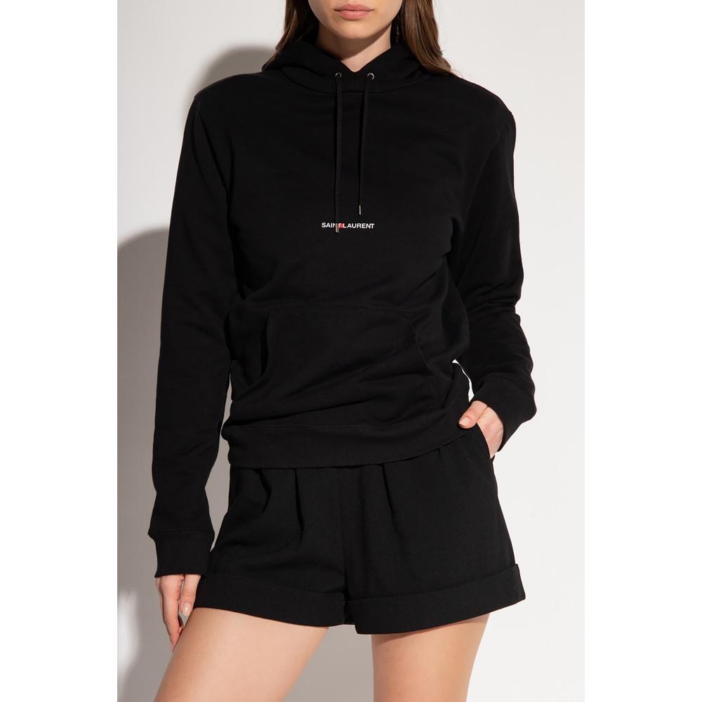 Saint Laurent Logo Print Women’s Hooded Sweatshirt Black Cotton