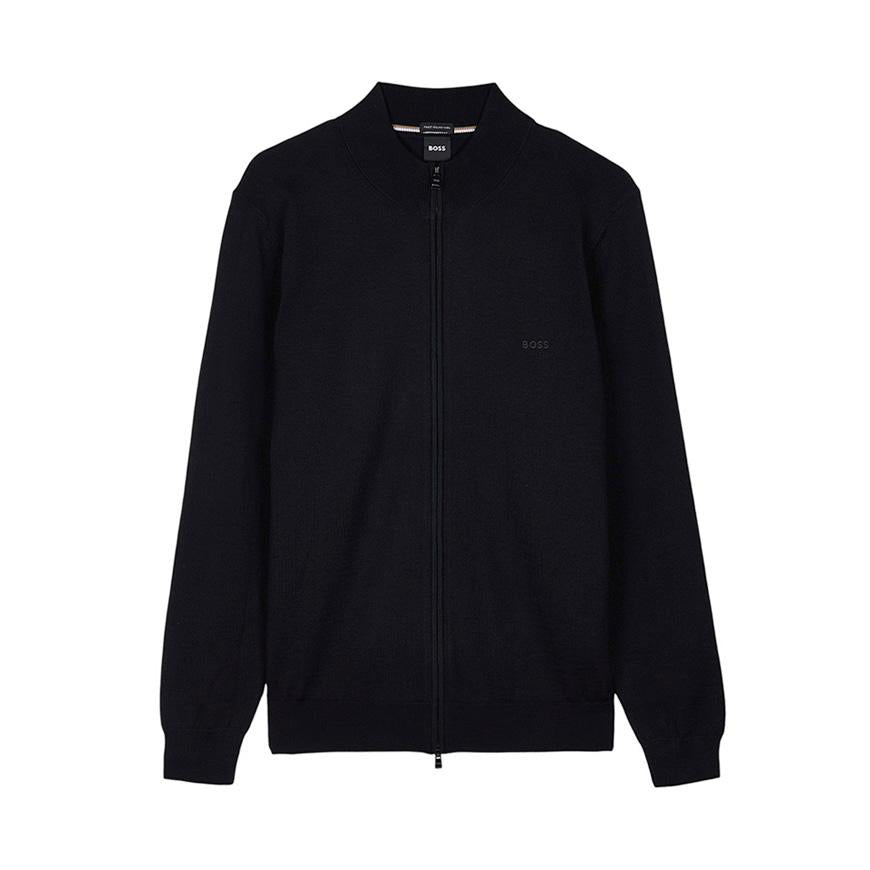 HUGO BOSS Men’s Zip-Up Cardigan with Embroidered Logo Black Knit