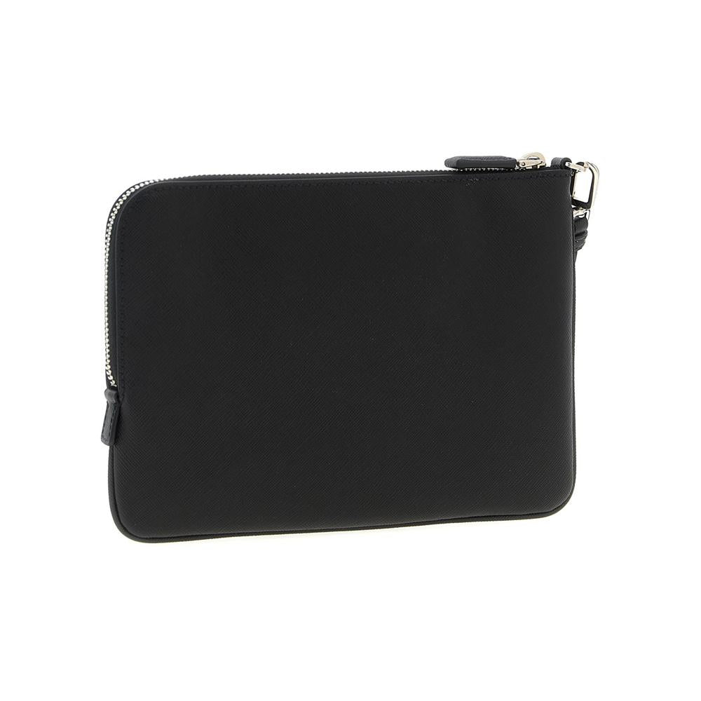 PRADA Black Saffiano Leather Triangle Logo Clutch Bag 2NH024 PN9 F0002