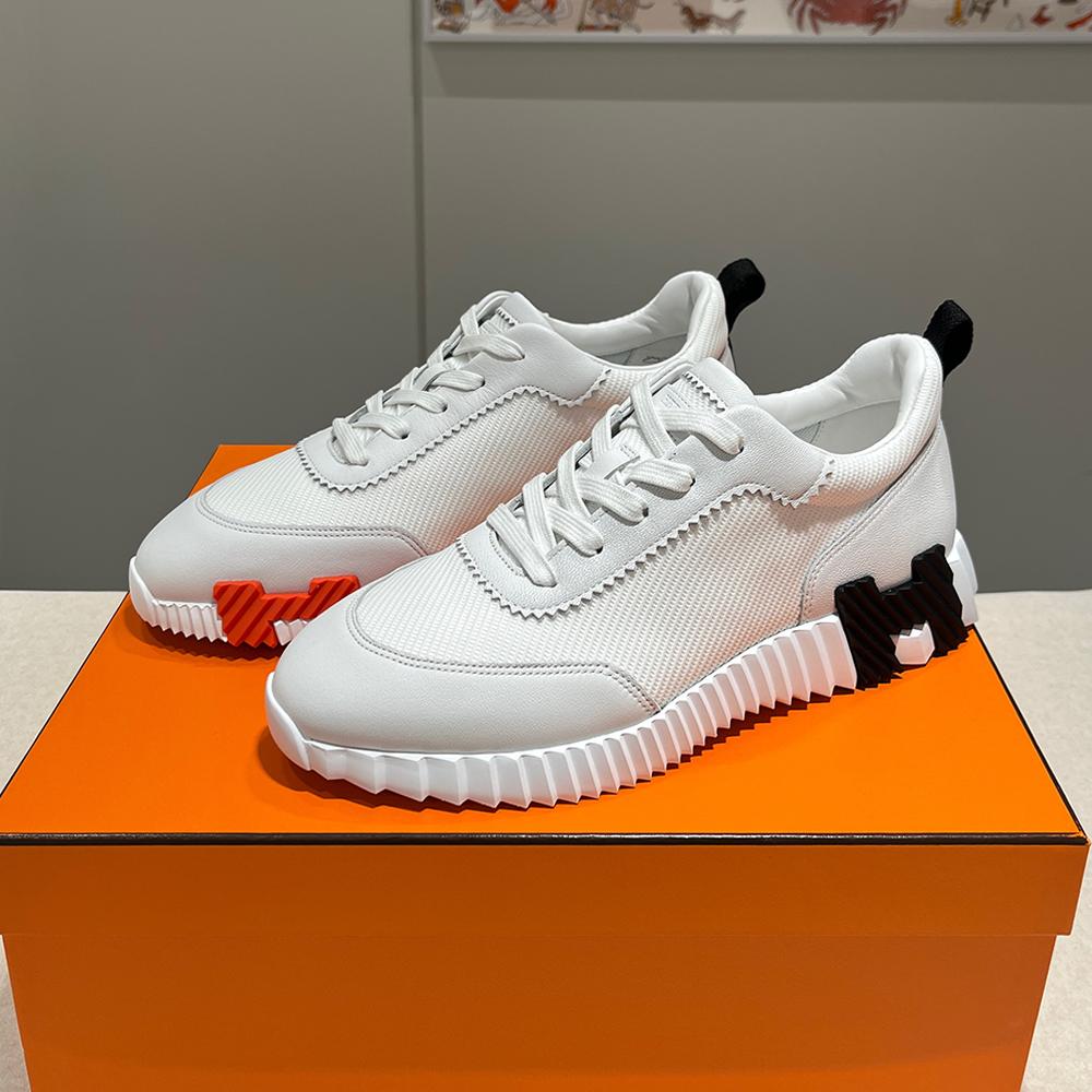 HERMES Men’s Bouncing Sneakers Suede Calfskin White H Black Orange Low-Top