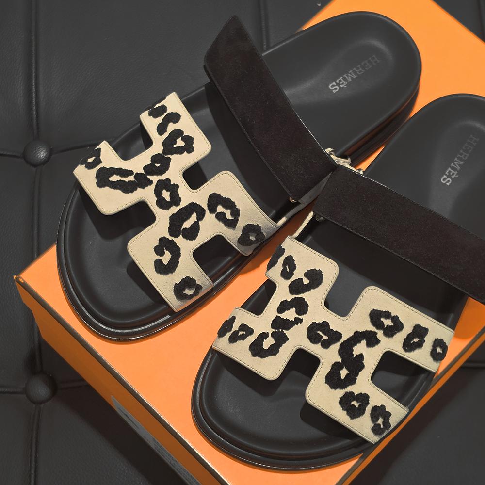 HERMES Leopard Beige Suede Goatskin Chypre Sandals