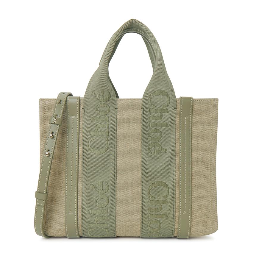 Chloe Woody Small Tote Bag Beige Canvas Leather Trim