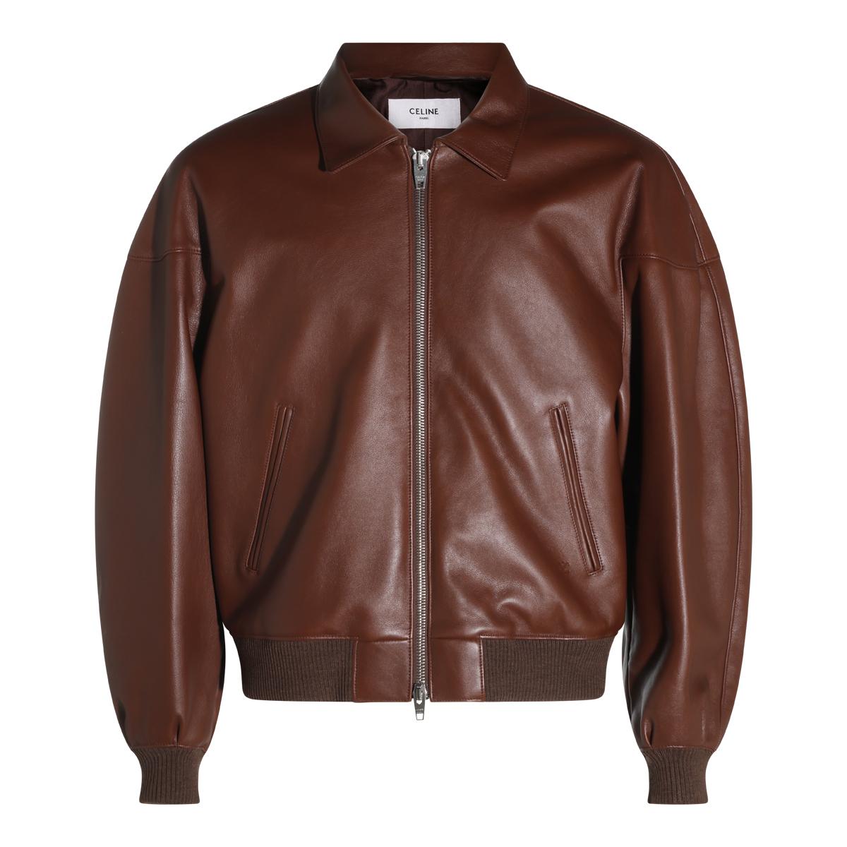 CELINE Brown Leather Bomber Jacket for Men