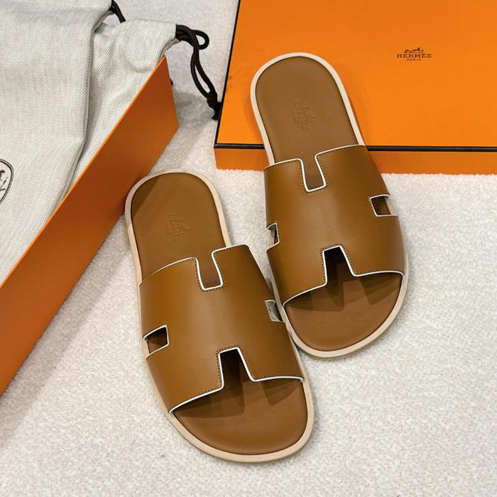HERMES Izmir Sandals Calfskin Brown with White Accent Men’s