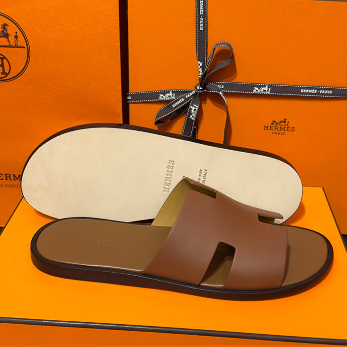 HERMES Izmir Slippers Calfskin Gold Brown Men's Sandals