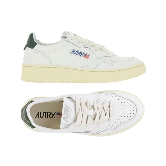 AUTRY White/Dark Green Tab Low-Top Leather Sneakers