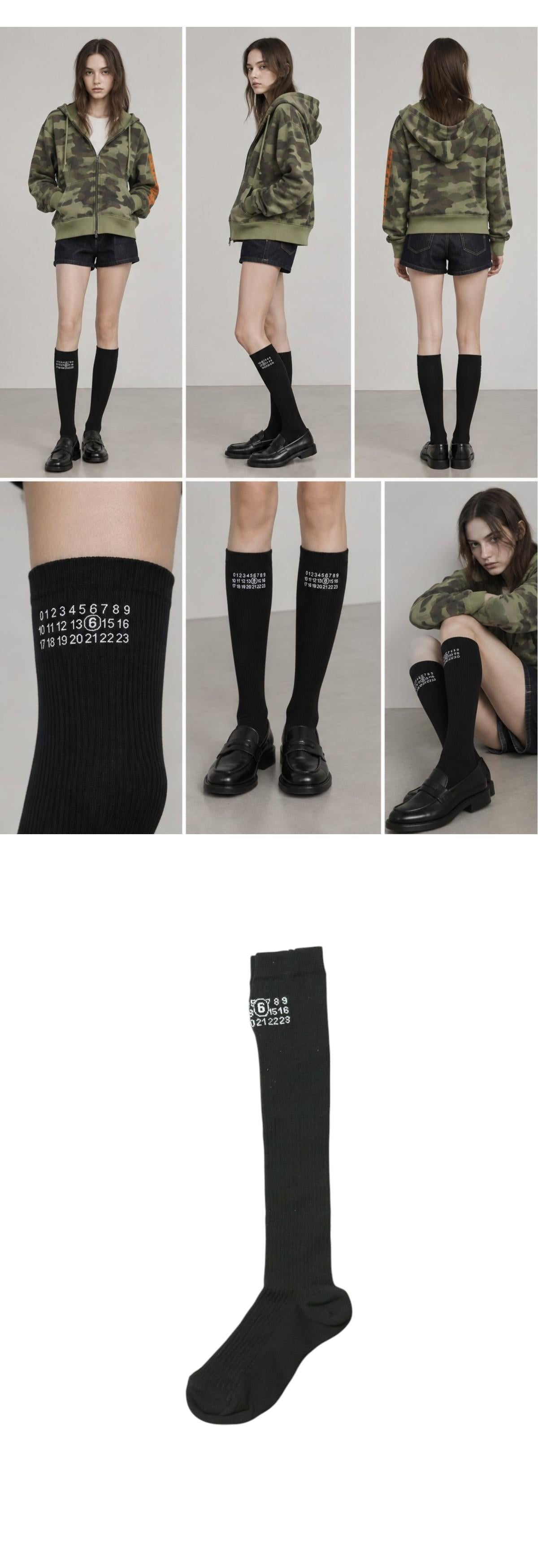 MM6 Jacquard Logo Over Knee Socks Black