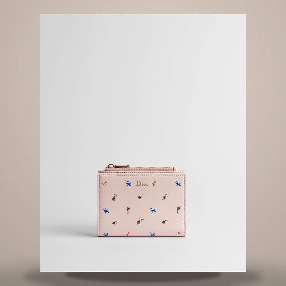 DIOR Pink Lambskin Dioramour Dahlia Multicolor Floral Cardholder
