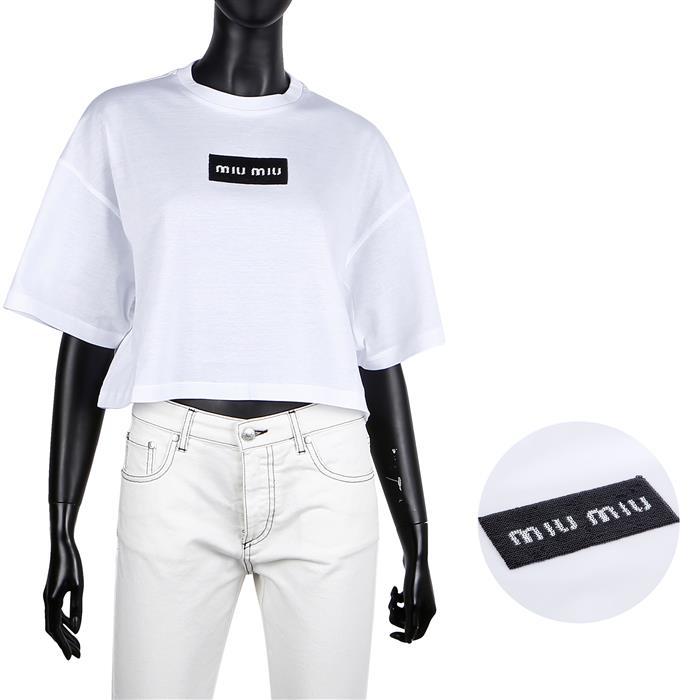 Miu Miu Sequin Logo Cropped Short Sleeve T-Shirt Black