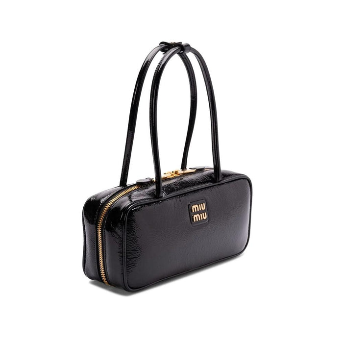 Miu Miu Black Patent Leather Top Handle Tote with Gold Logo