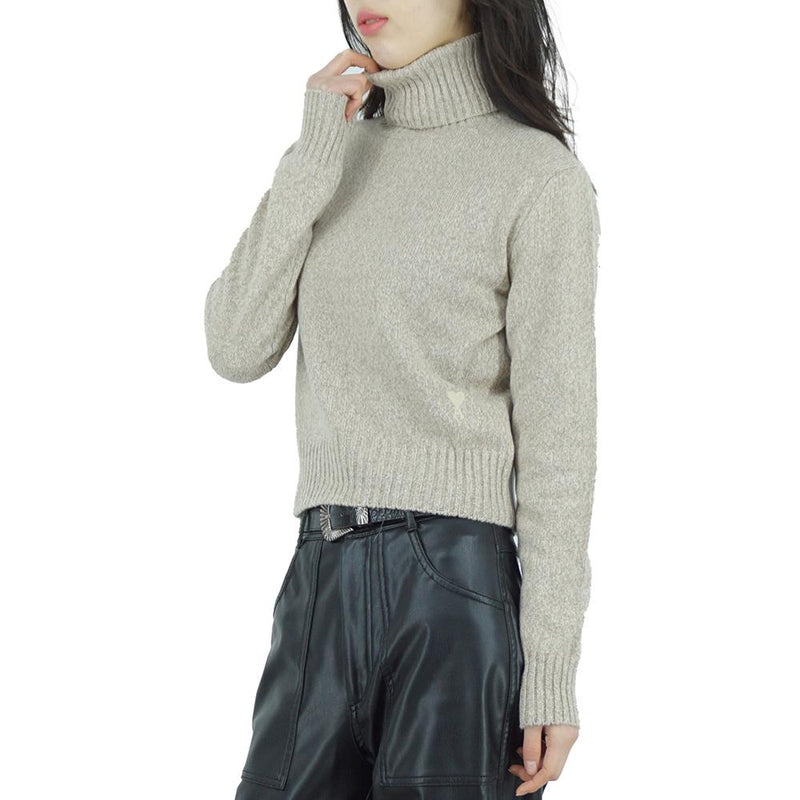 AMI Tonal Heart Logo Women’s Turtleneck Knit Sweater Beige