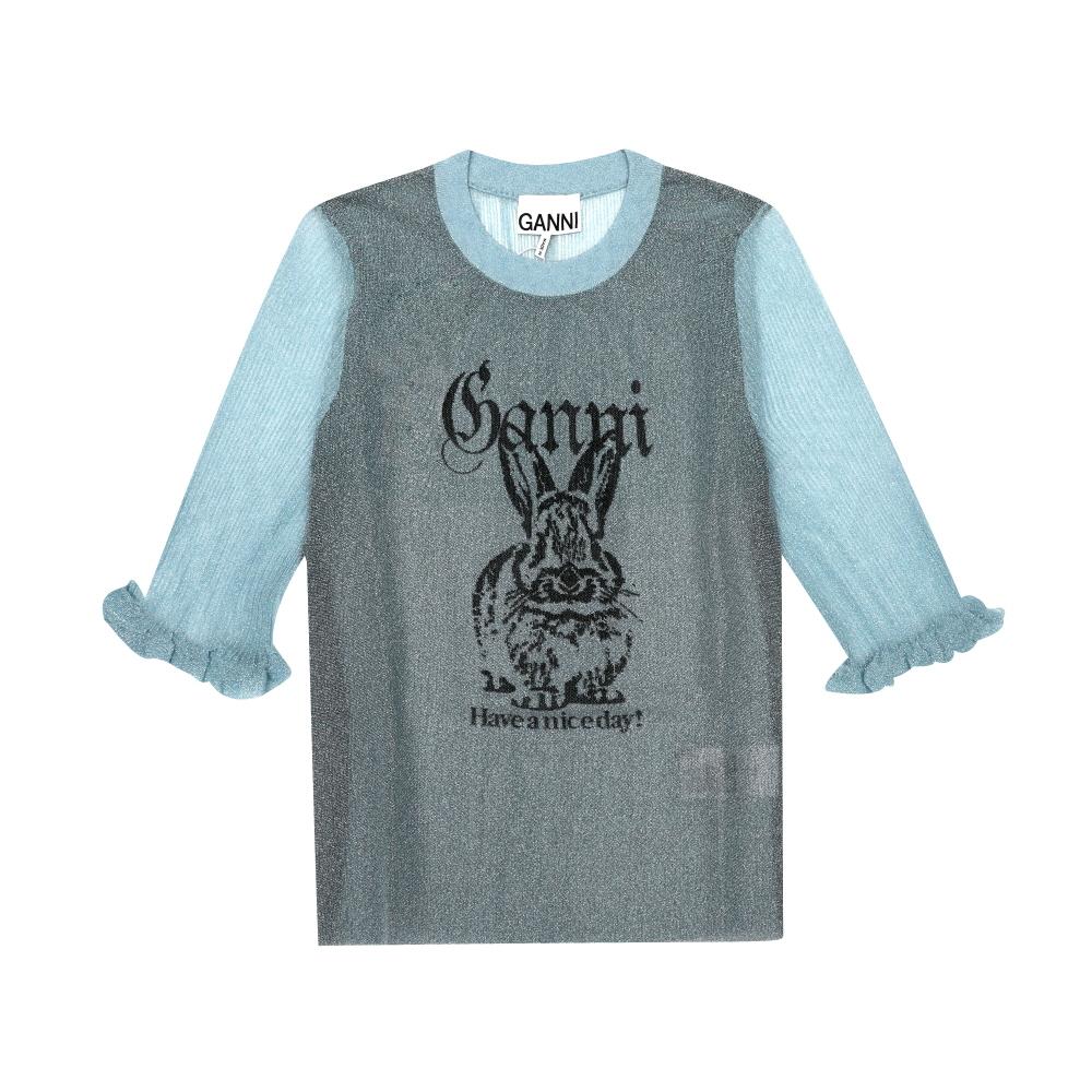 GANNI Bunny Logo Sheer Jacquard Short Sleeve T-Shirt for Women