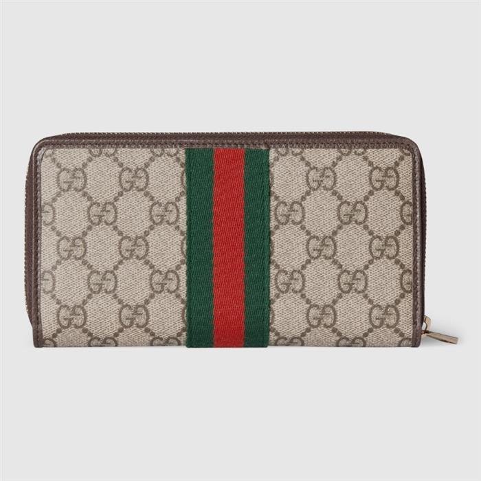 GUCCI Ophidia Zip-Around Card Holder Beige GG Canvas Leather Trim