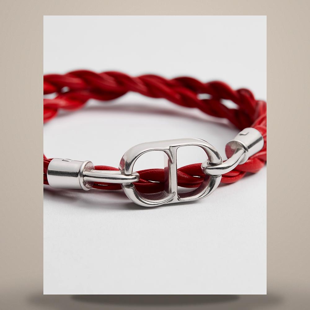 DIOR Red Braided Calfskin Double Bracelet Silver-Tone Brass B3210HOMLE D013
