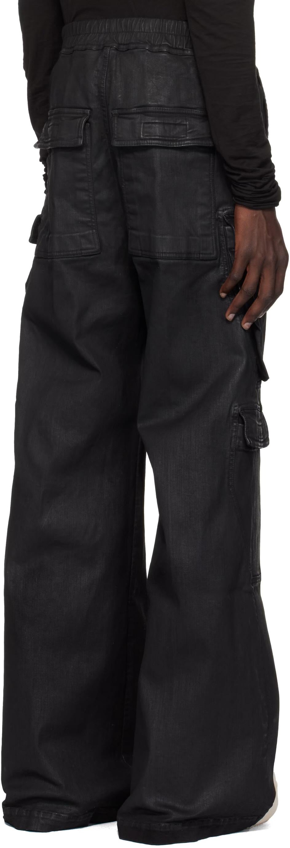 Rick Owens DRKSHDW Black Wax Stretch Denim Double Cargo Jumbo Belas Pants