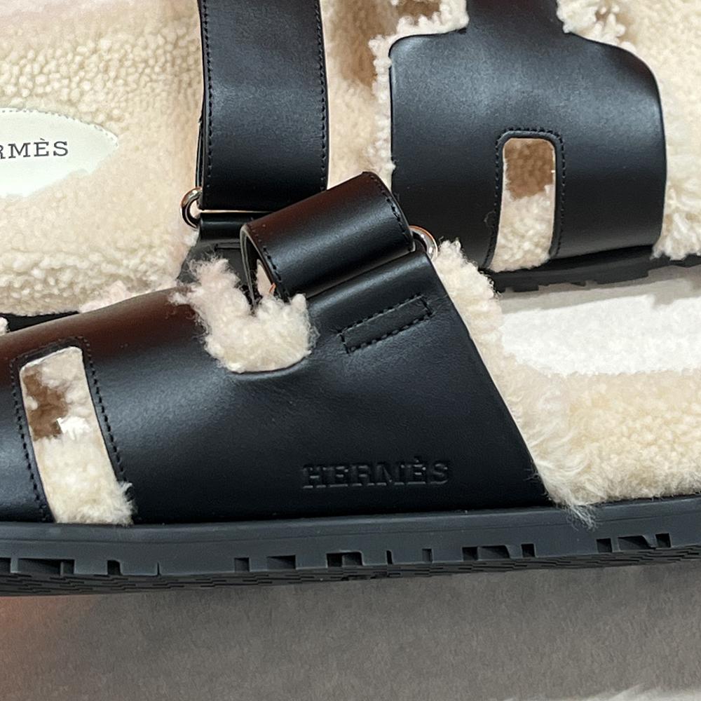 HERMES Shearling Chypre Sandals Suede Goatskin Black Ivory