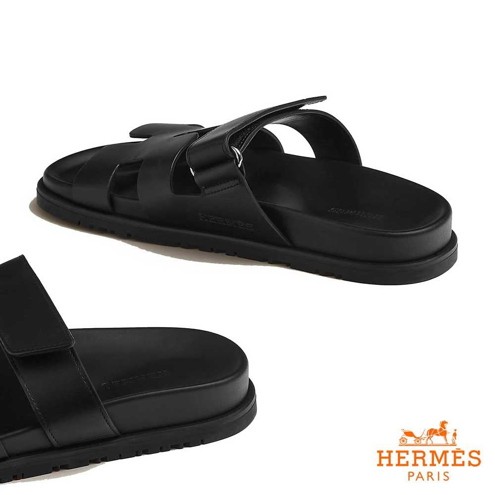 HERMES Chypre Sandals Calfskin Noir Black Women’s Sandals