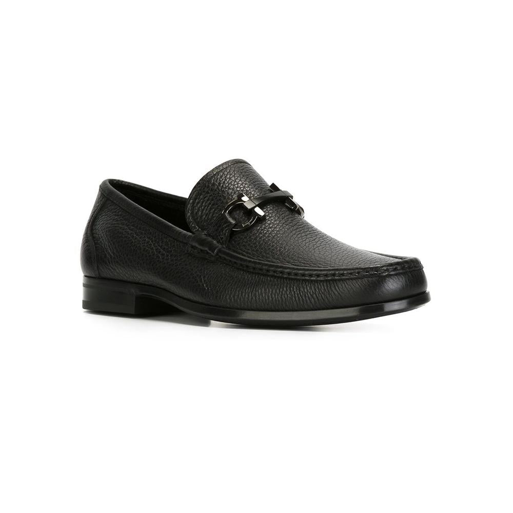 Ferragamo Black Leather Grandioso Double Gancini Loafers Silver-Tone 0642848
