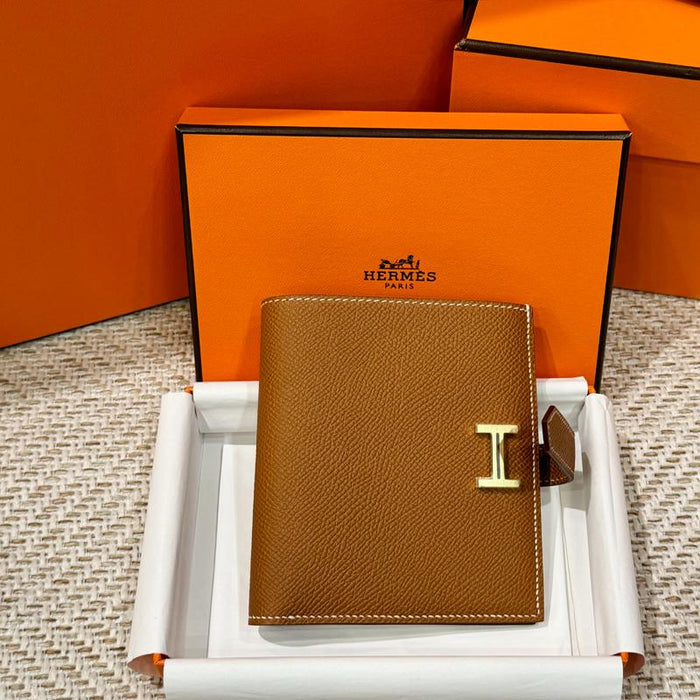 HERMES Brown Epsom Leather Béarn Compact Wallet Gold Clip Unisex