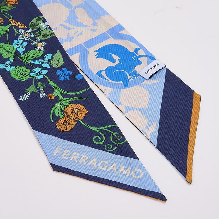 Ferragamo Navy Camel Pegasus Twilly Silk Scarf for Women
