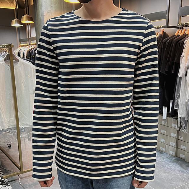 Saint James Unisex Elbow Patch Long Sleeve T-Shirt 0407 MARINE ECRU TULIP