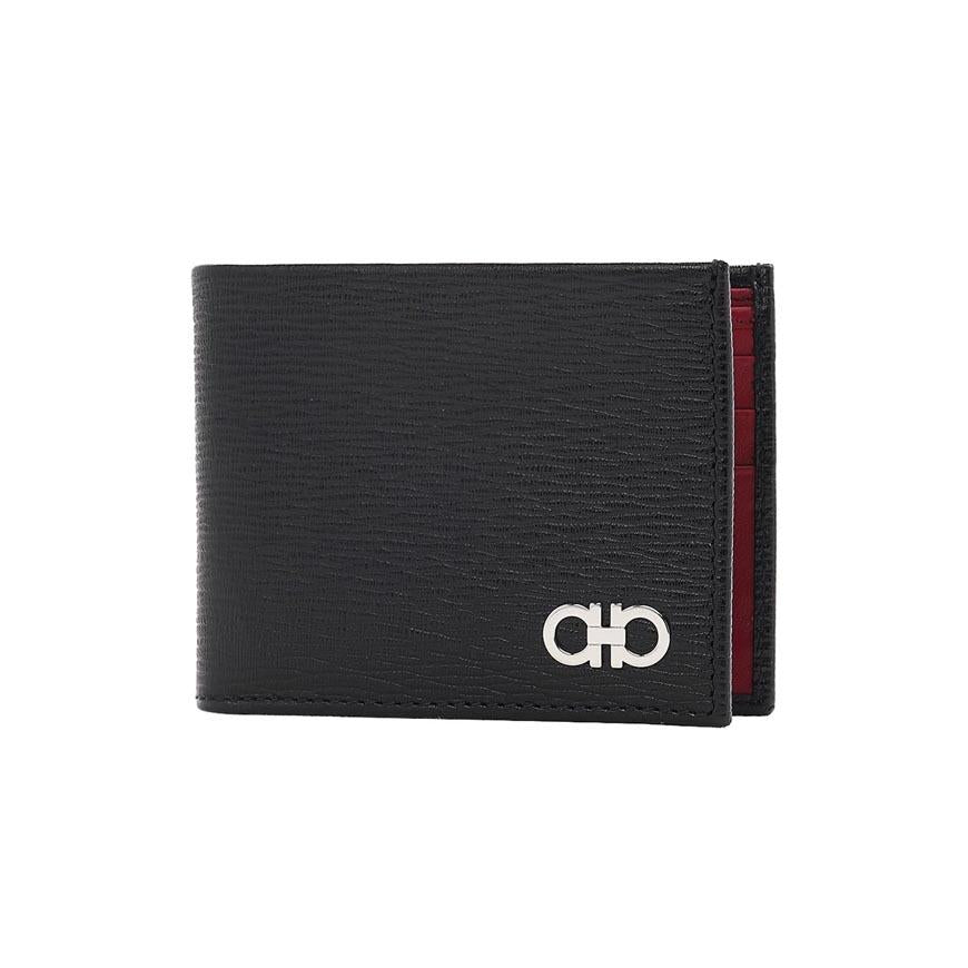 Ferragamo Gancini Bifold Wallet Black Red Leather Men's