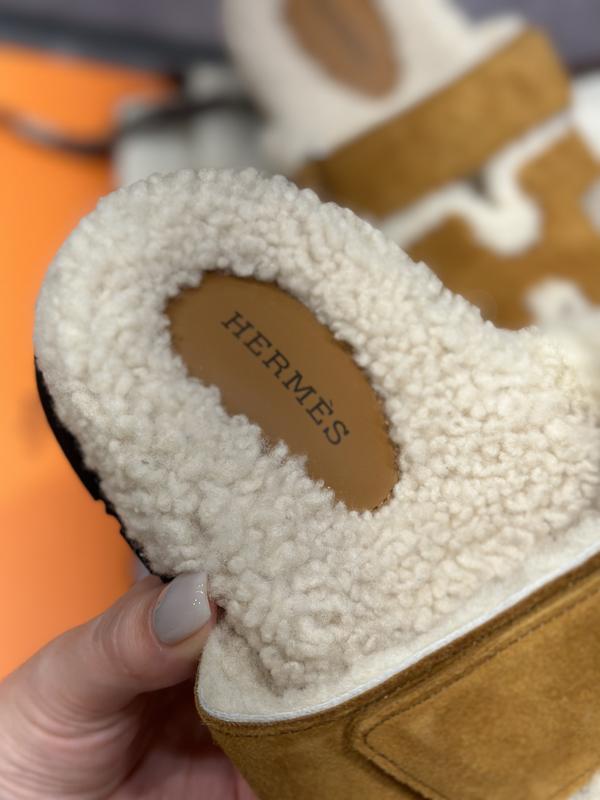 HERMES Shearling Chypre Sandals Suede Goatskin Wool Natural Ecru Men