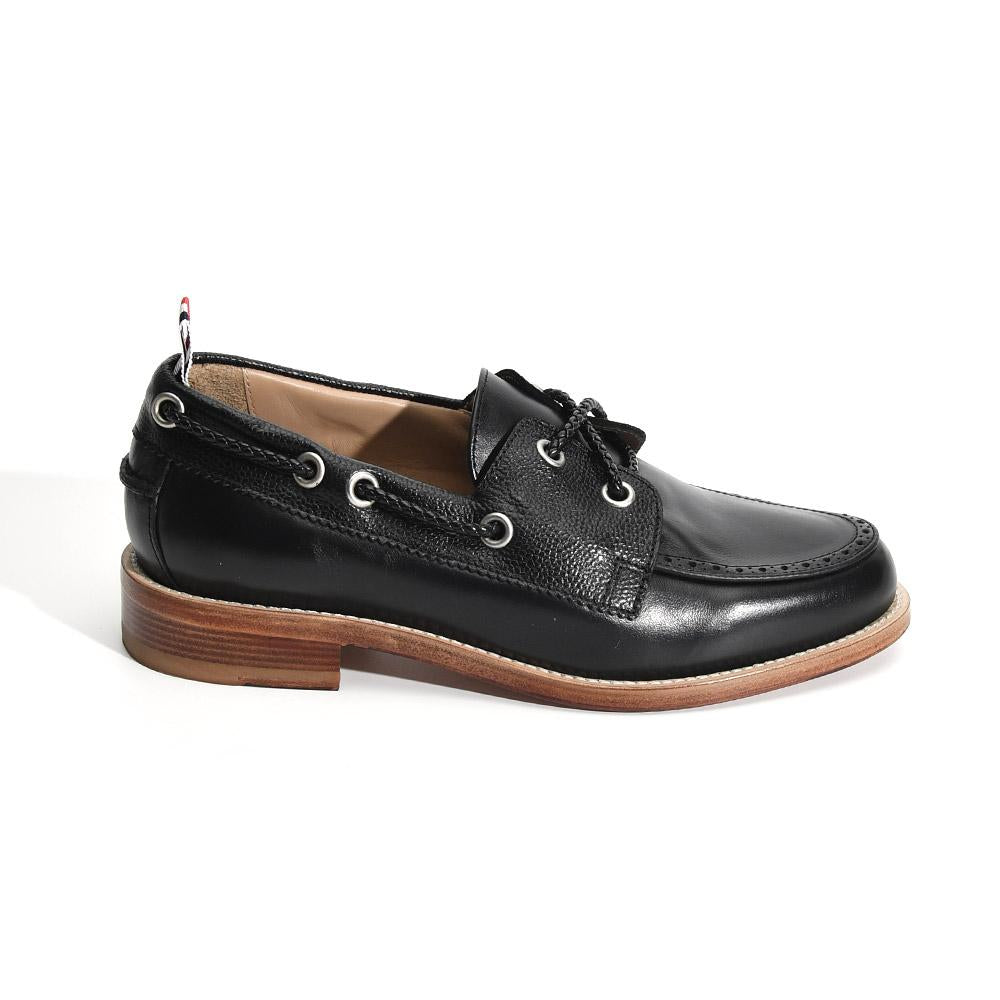 THOM BROWNE Black Vitello Calf Leather Boat Shoes Men's
