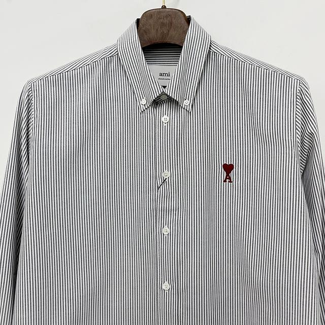 AMI Heart Logo Button-Down Stripe Long Sleeve Shirt