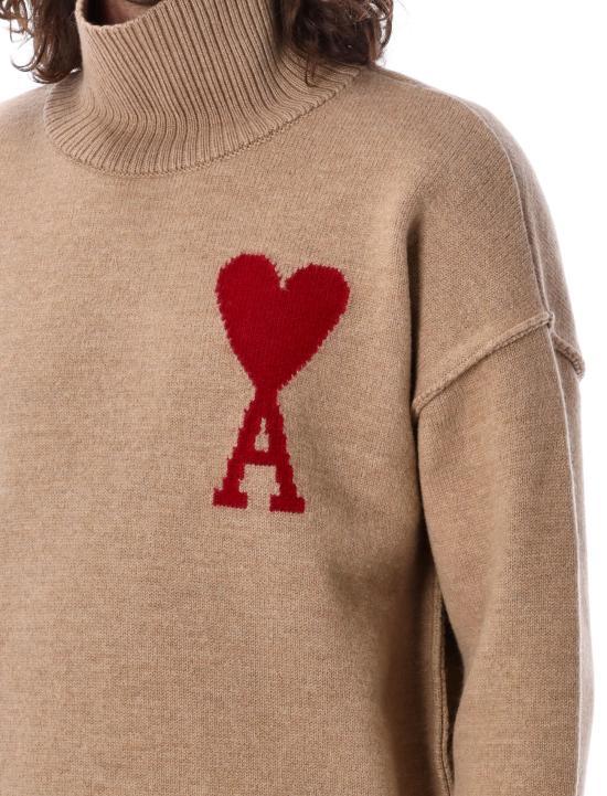 AMI Red Heart Intarsia Camel Turtleneck Knit Sweater Women’s