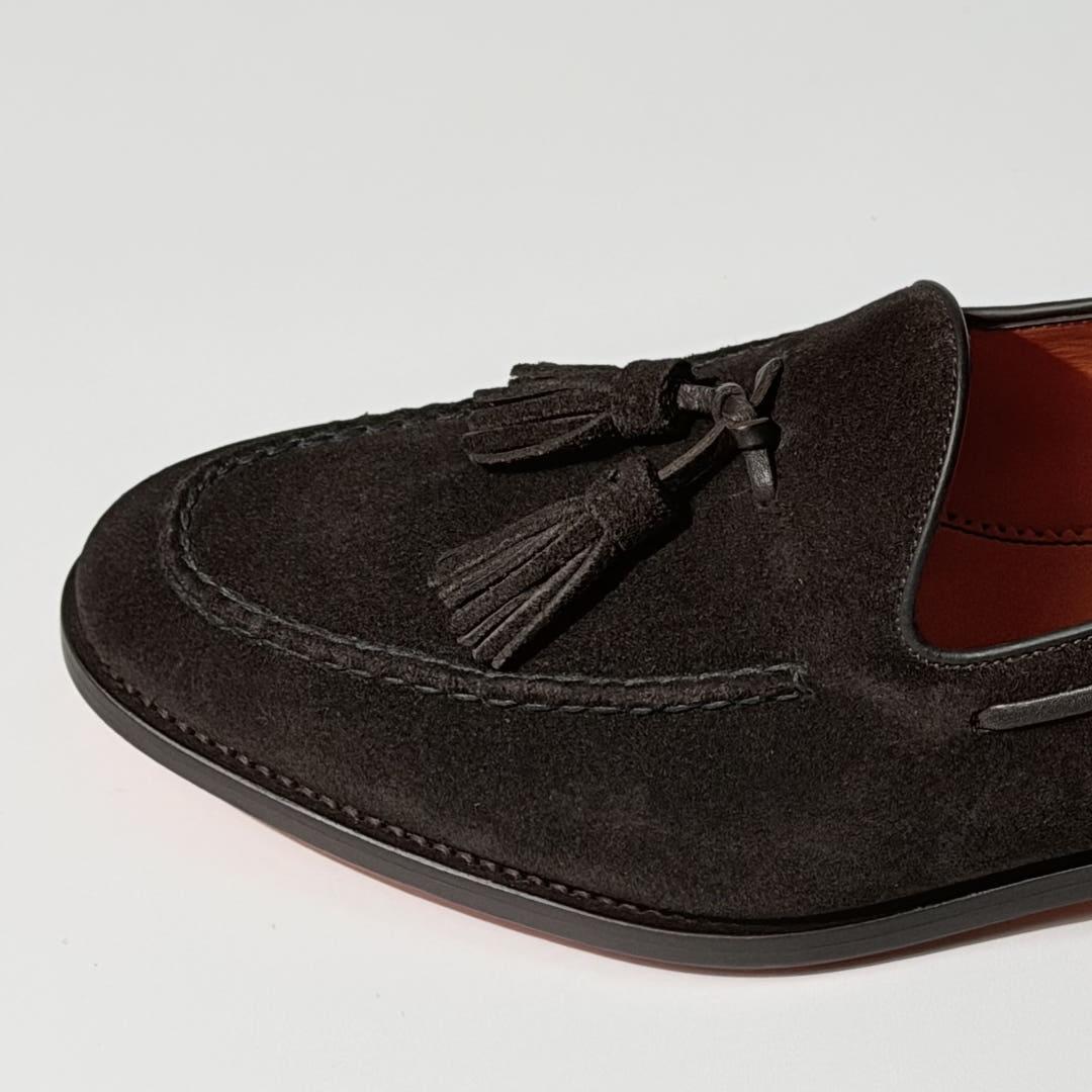 SANTONI Dark Brown Suede Tassel Loafers Men MCWI06429