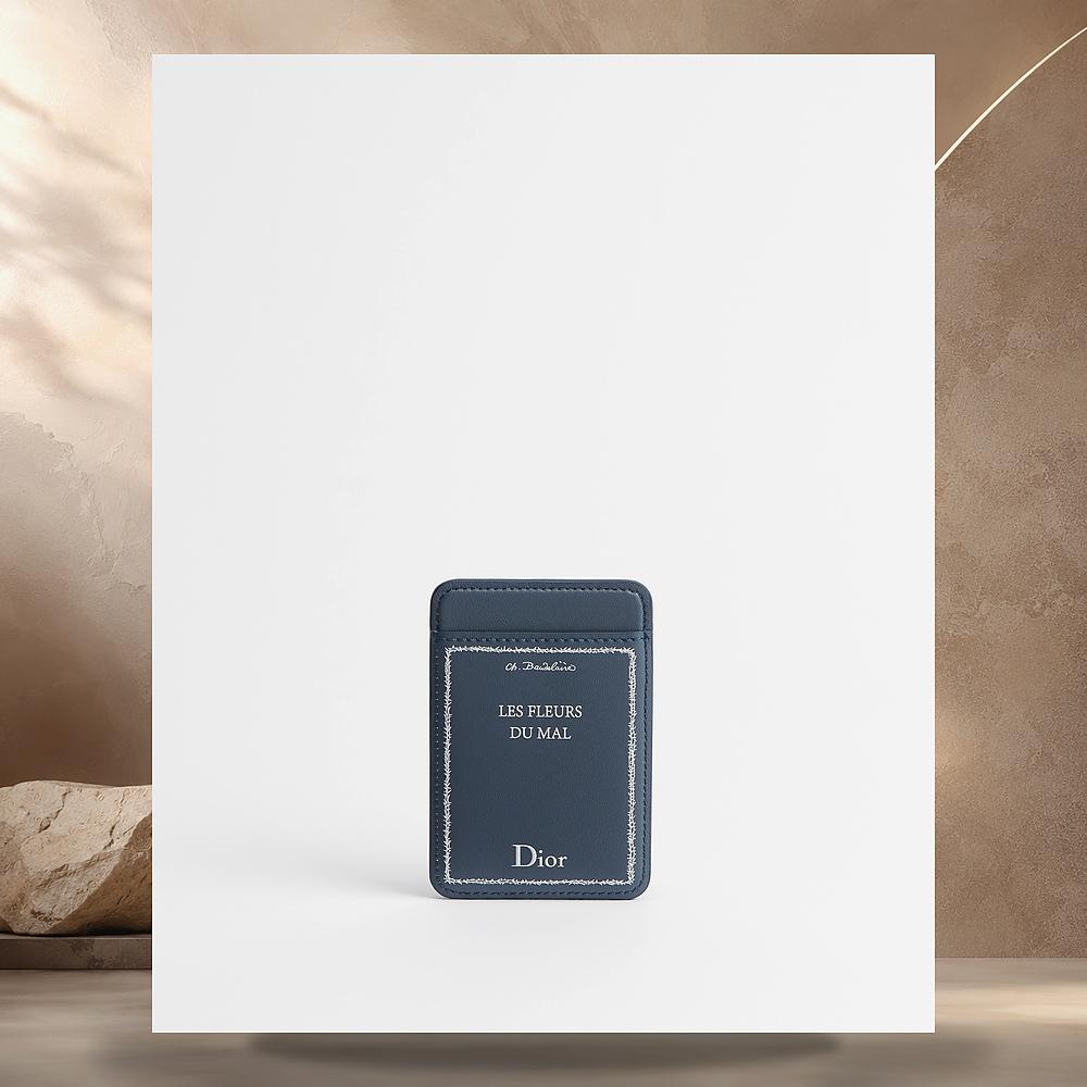 DIOR Blue White Oblique Embossed Calfskin Magnetic Card Holder