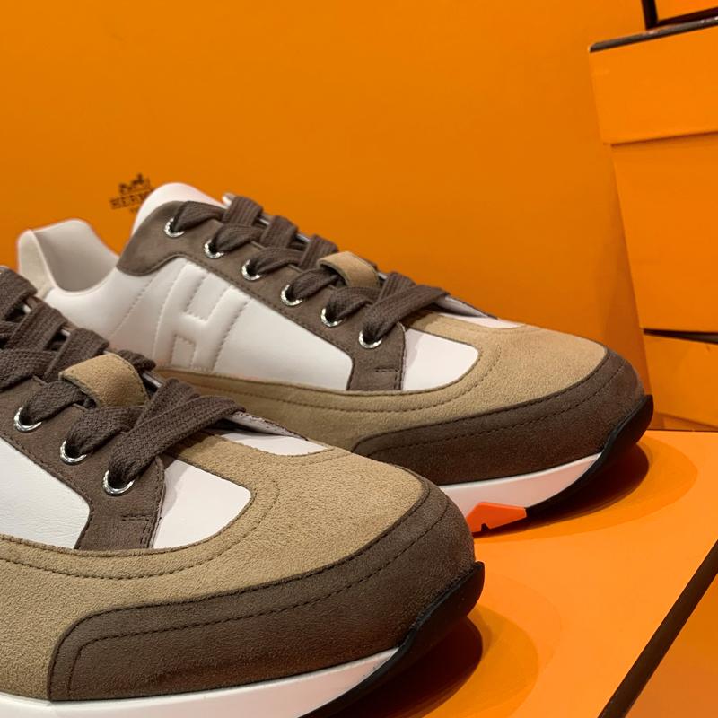 HERMES Men’s Trail Sneakers Calfskin White Brown Low-Top