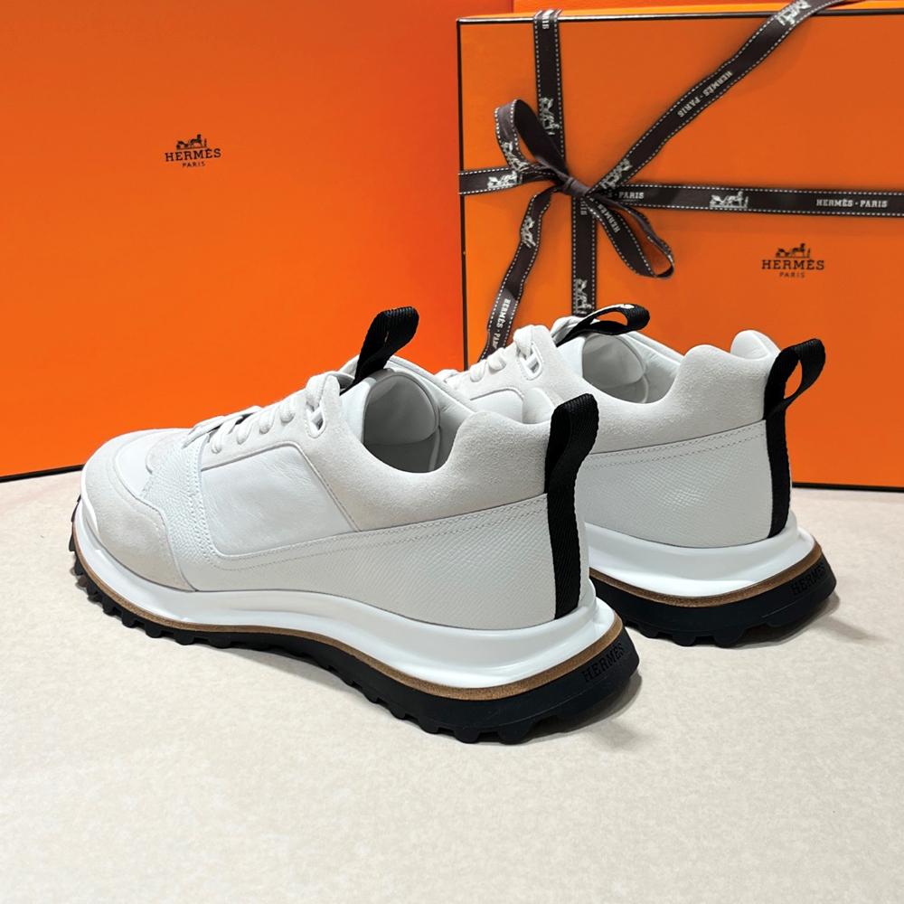 HERMES White Epsom Calfskin Suede Low-Top Sneakers for Men