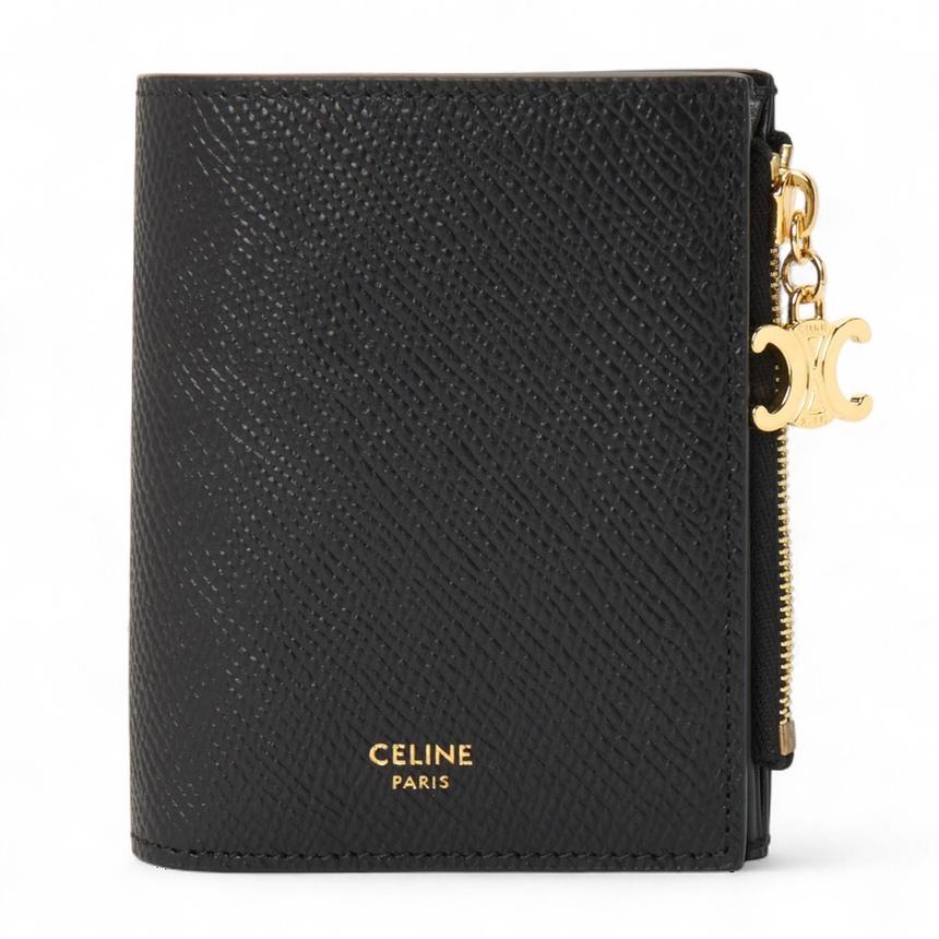 CELINE Triomphe Charm Small Bifold Wallet Black Leather Women
