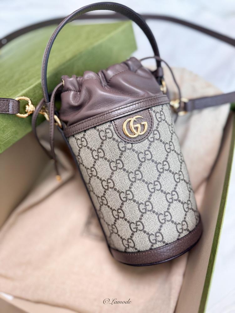 GUCCI Ophidia Mini Bucket Bag Brown GG Canvas Leather Shoulder Bag