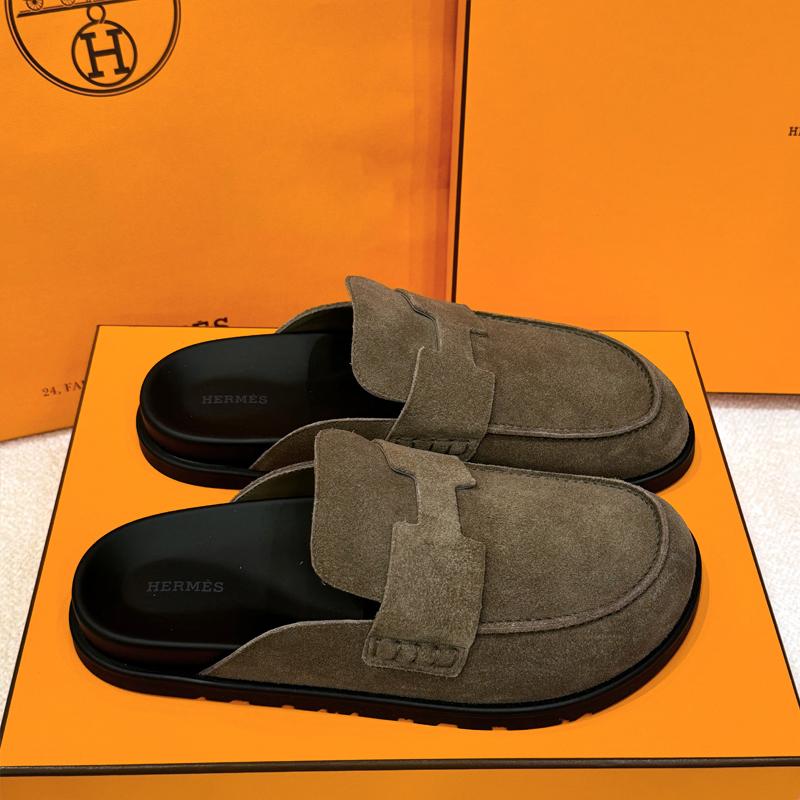 HERMES Etoupe Suede Calfskin Go Mule Sandals for Men