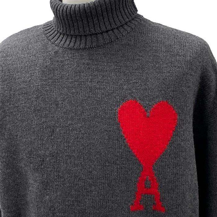 AMI Big Heart Logo Turtleneck Wool Knit Sweater for Men UKS402