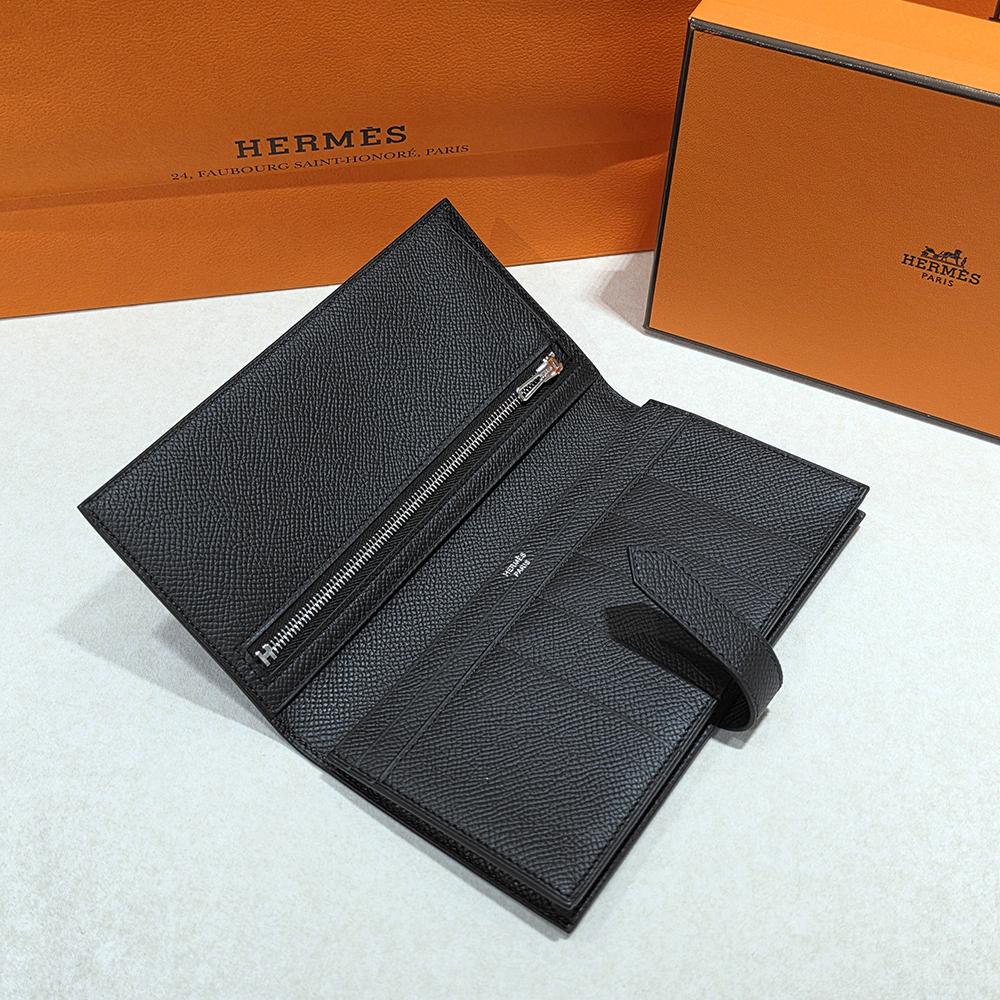 HERMES Epsom Leather Bearn Long Wallet Black Palladium Hardware