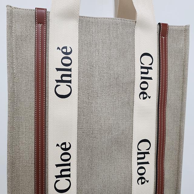 Chloe Woody NS Tote Bag Beige Canvas Leather Trim