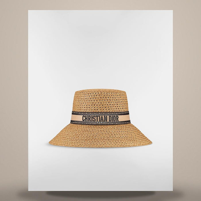 DIOR Beige Wide Brim Straw Cap with Black Embroidered Band