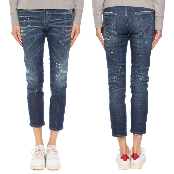 Dsquared2 Paint-Splatter Blue Wash Cool Girl Cropped Jeans