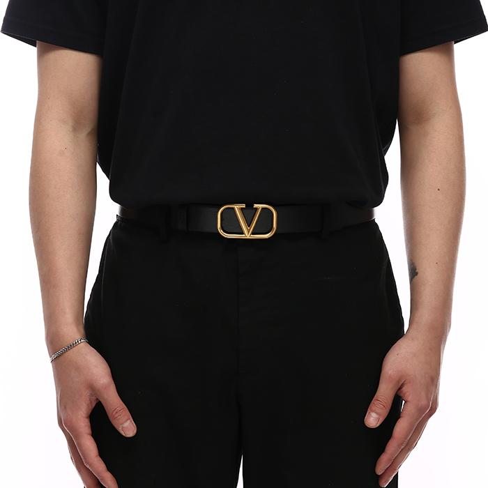 VALENTINO Men’s V Logo Gold-Tone Leather Belt Black