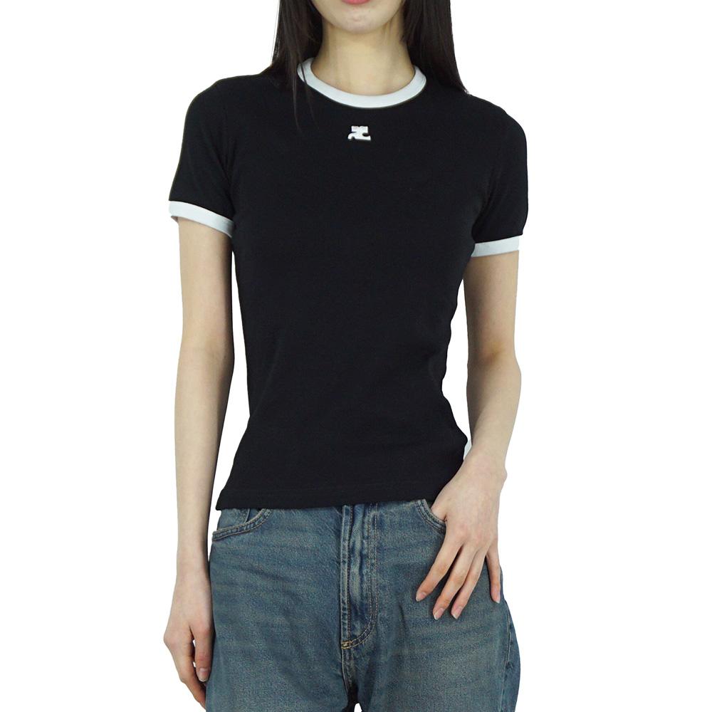 courreges Reedition Black Contrast Short Sleeve Women's T-S VESJTS017JS0070 9901