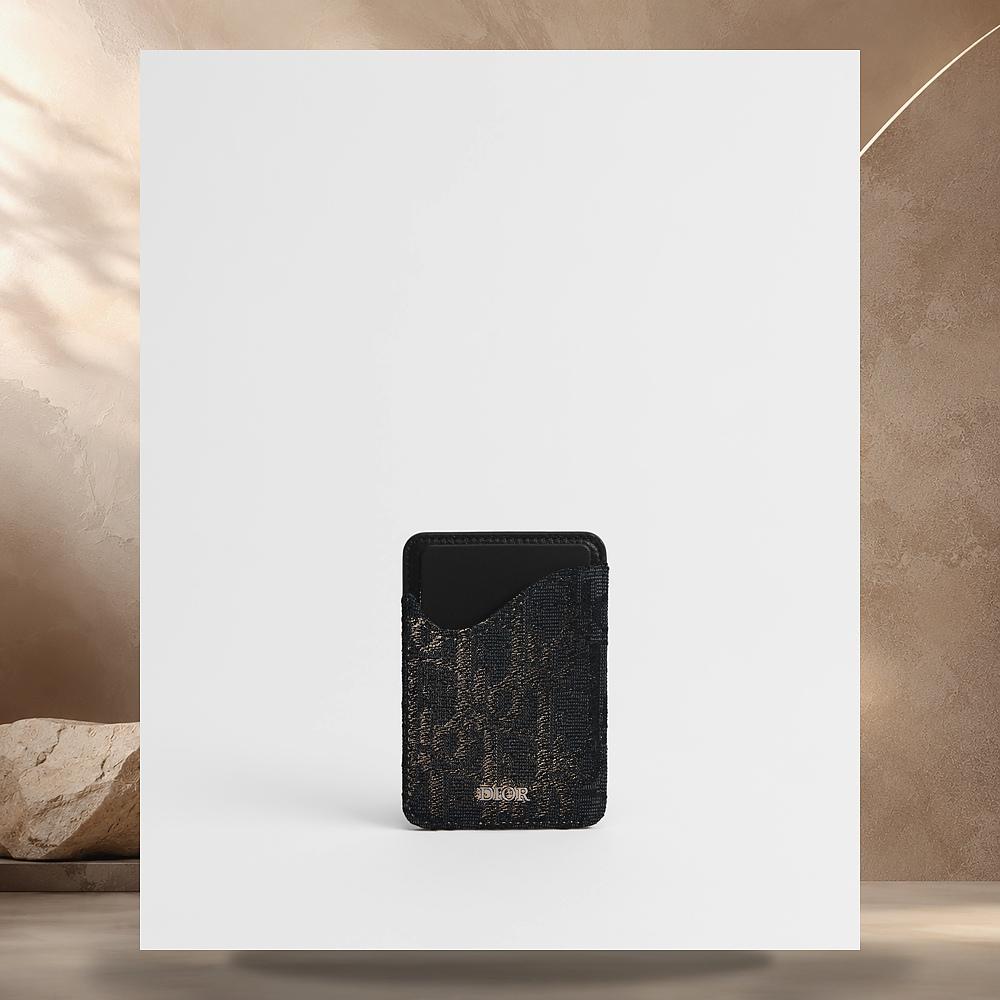 DIOR Black Grained Calfskin Saddle Magnetic Card Holder Dior Oblique Jacquard
